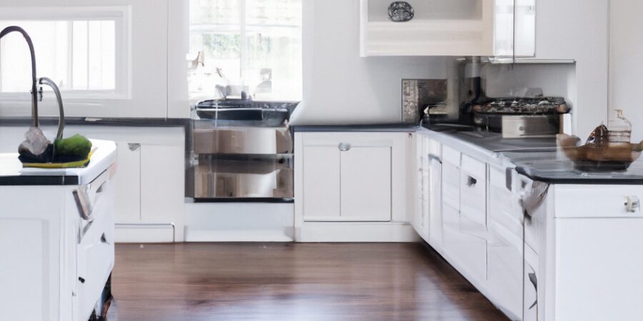 white kitchen with dark hardwood floors